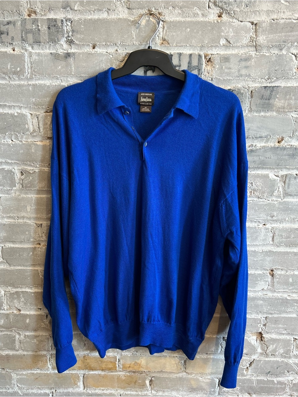 Neiman Marcus Exclusive Merino Wool Polo Sweater Made in Scotland Blue XL